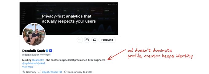 The profile keeps the creator's identity intact, the ad fits in without taking over