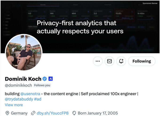Dominik Koch's full X profile with the DataBuddy sponsored banner